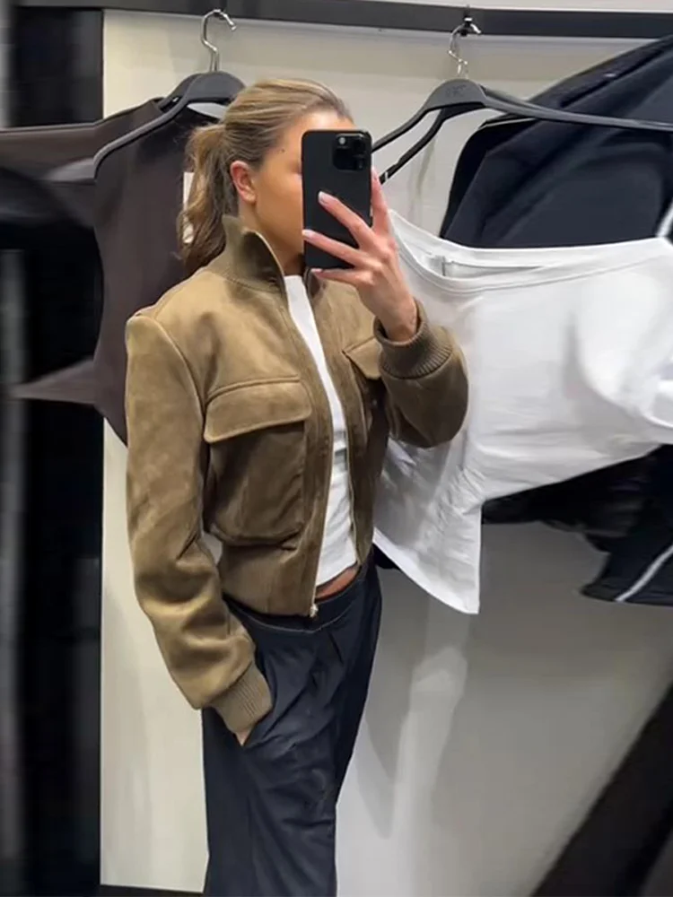 Women's Jackets Coat Ribbed Zipper Stand-Up Collar Elastic Hem Jackets Female Shoulder Pad Spring Casual New Outerwears Ladies