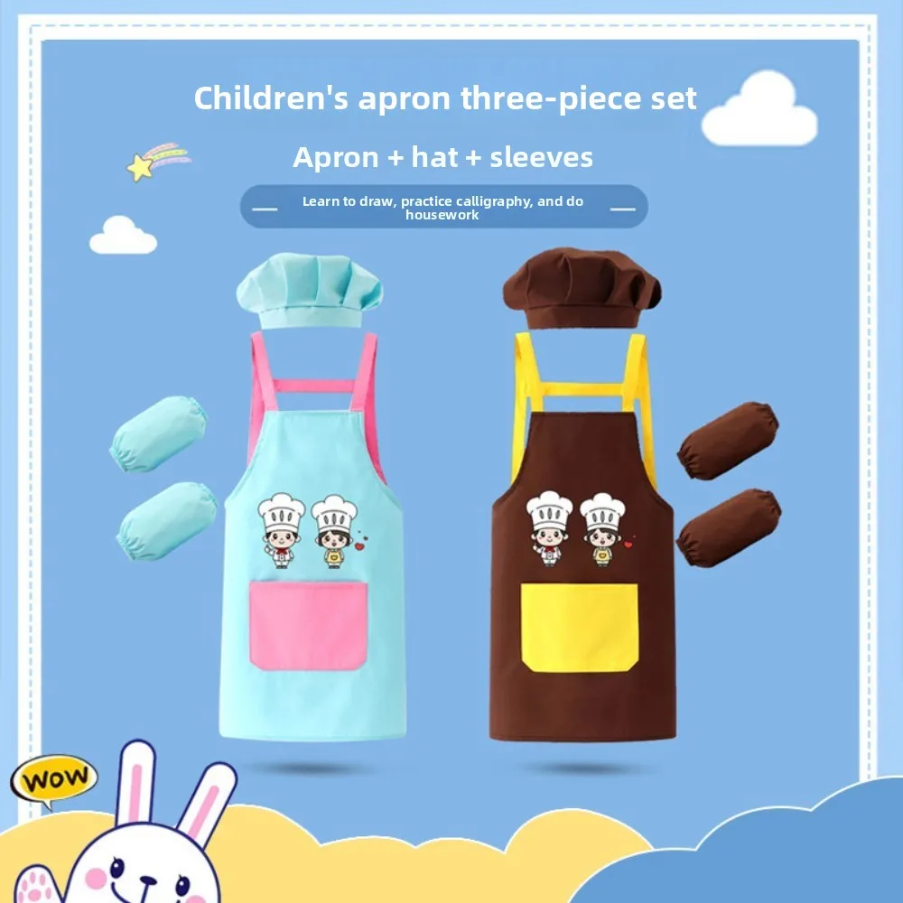 New Cartoon Kids Apron Arm Sleeve Waterproof Children's Bib Chef Cap Hat Chef's Uniform Costume Prop Painting Apron