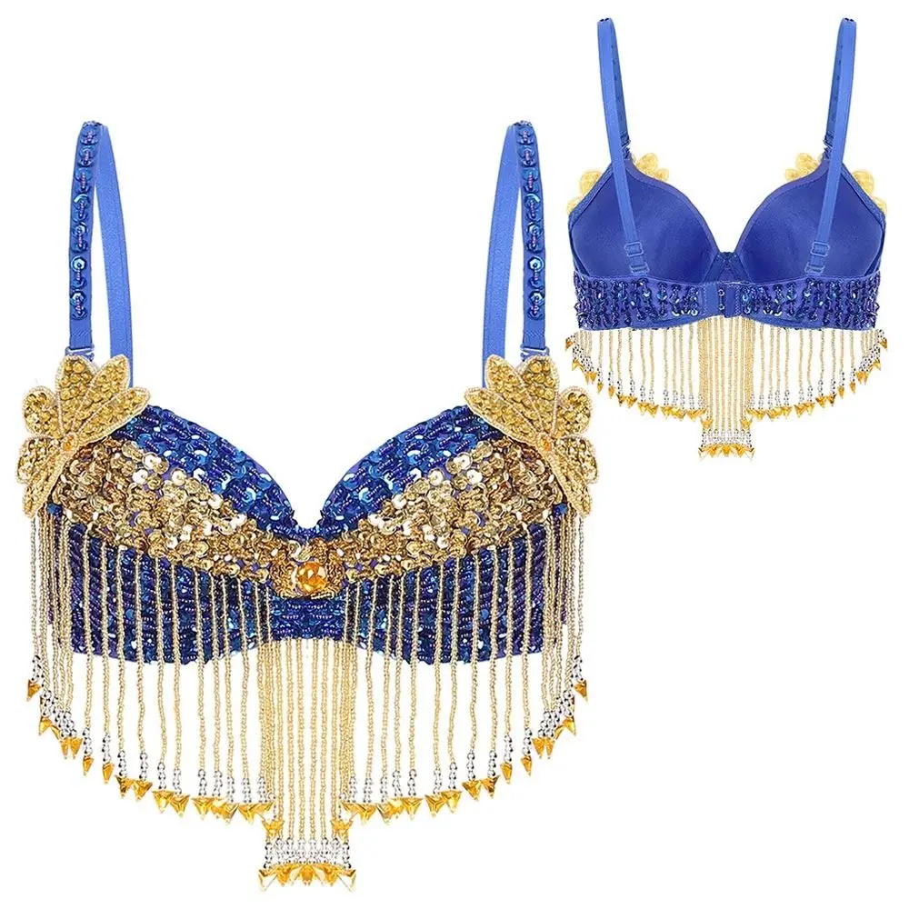 Affascinanti nappe con perline Top di danza del ventre Lucido discoteca Reggiseno con ferretto Cinghie regolabili Reggiseno scintillante da palcoscenico da donna