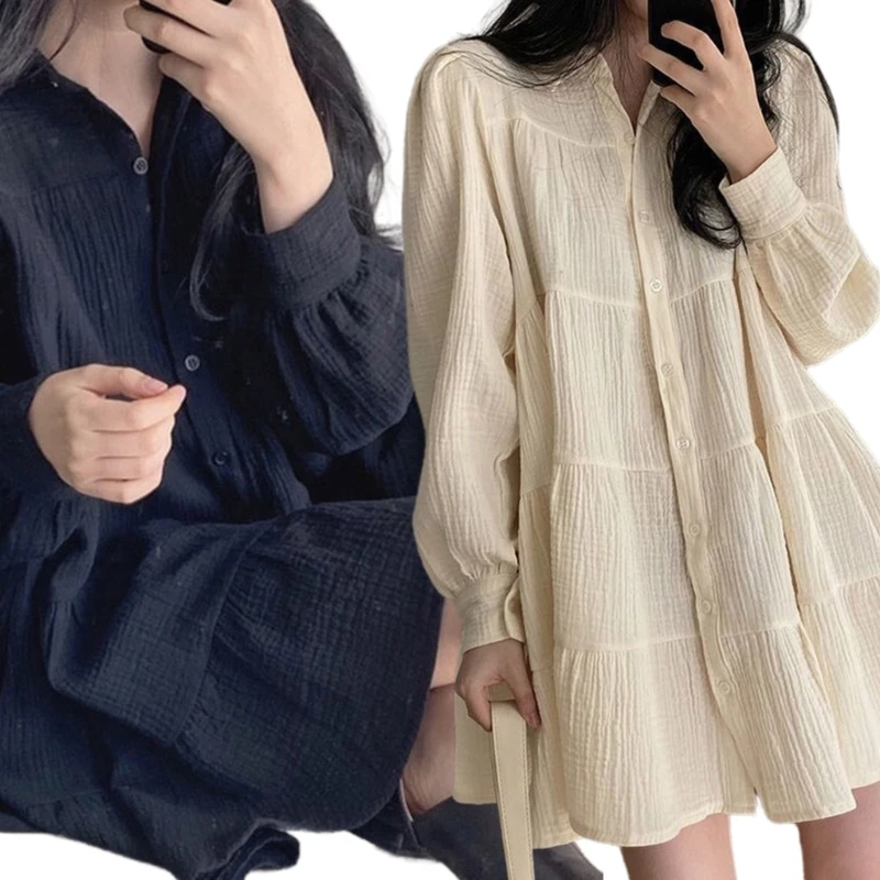 Women Puff Long Sleeve Ruched Textured Swing Babydoll Shirt Dress Lapel Collar Button Up Tiered Ruffle A Line Mini Dress