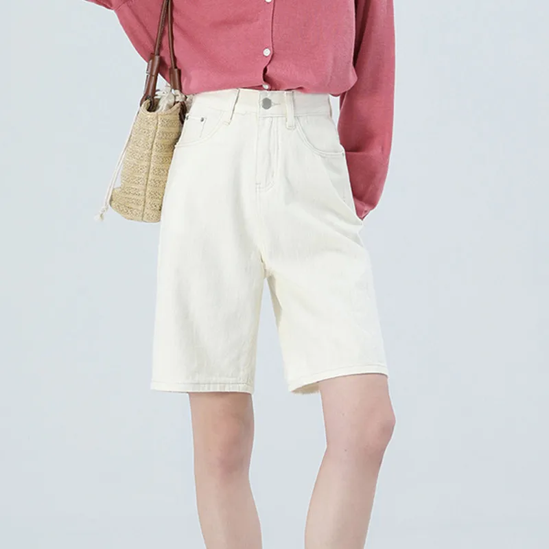 White High Waist Wide Legs Knee Length Jeans Shorts Women Summer Casual Korean Fashion Straight Denim Short Pants Femlae Baggy