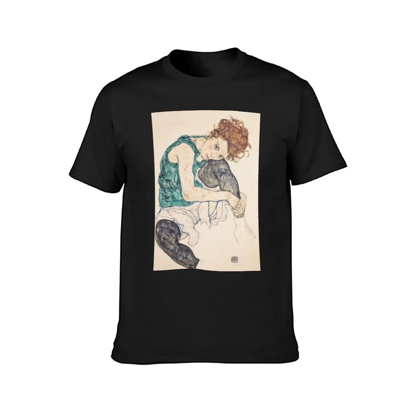 SEATED WOMAN WITH BENT KNEE - EGON SCHIELE T-Shirt heavyweights vintage Aesthetic clothing men workout shirt