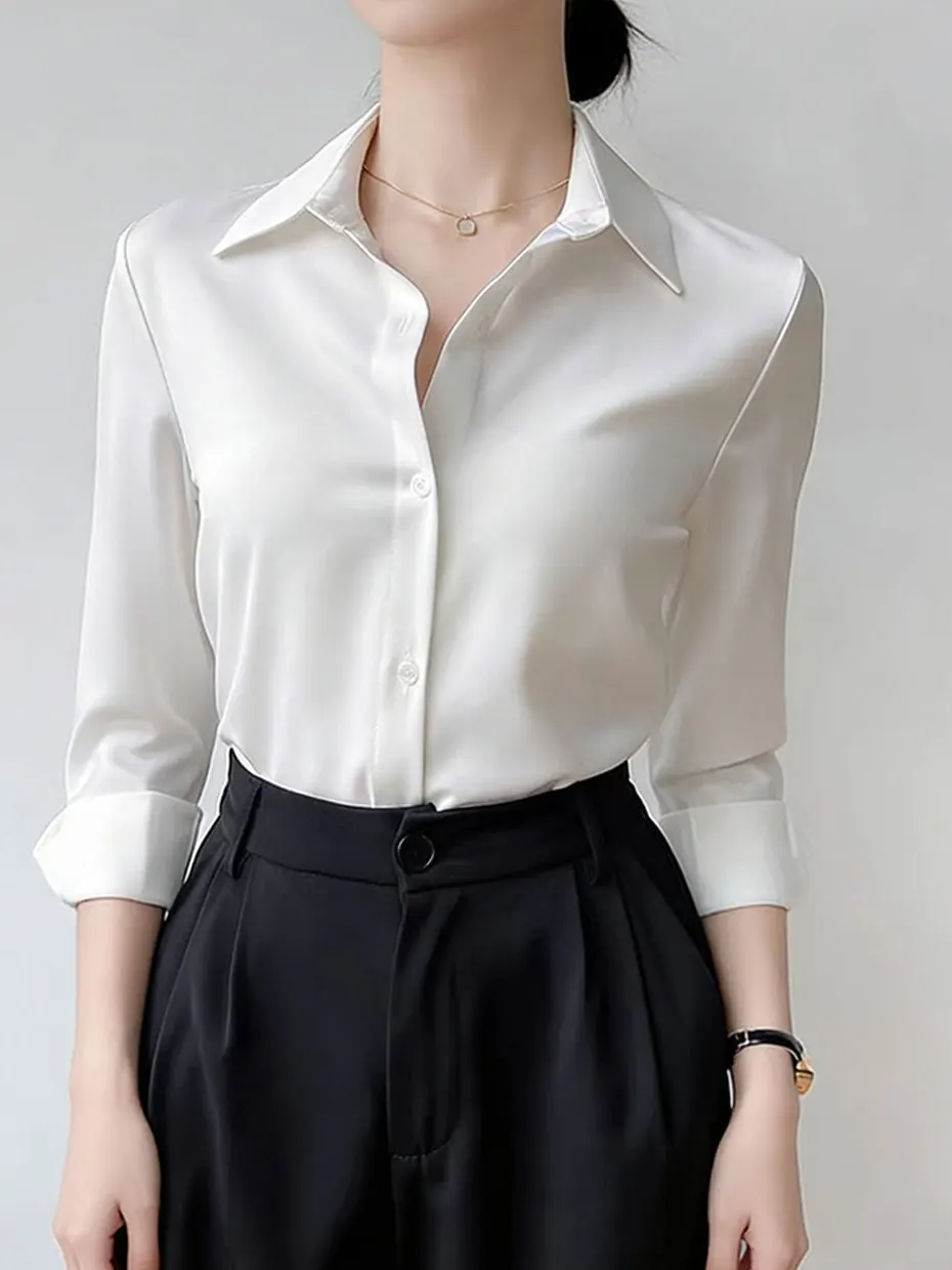 

Зеленая атласная деловая рубашка для женщин: весенний стиль, простой дизайн, завышенная талия, длинный рукав, на пуговицах, повседневный модный топ