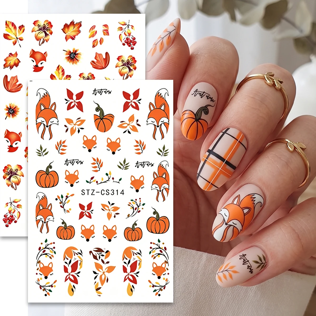 2pcs Autumn Fall Leaves Nail Art Stickers Thanksgiving Pumpkin Fox Maple Leaf Nail Art Decals DIY Manicure Decorations Sliders