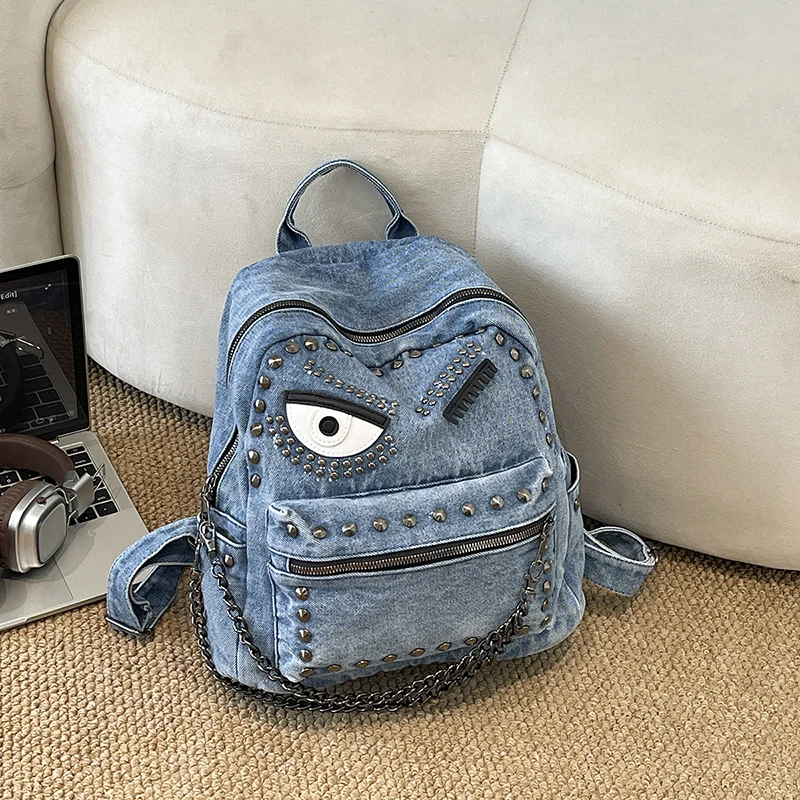 Vintage Denim Rivet Backpack Women Punk Eye Pattern Chain Decor Rucksack Gothic Studded Large Capacity Casual Travel Backpack