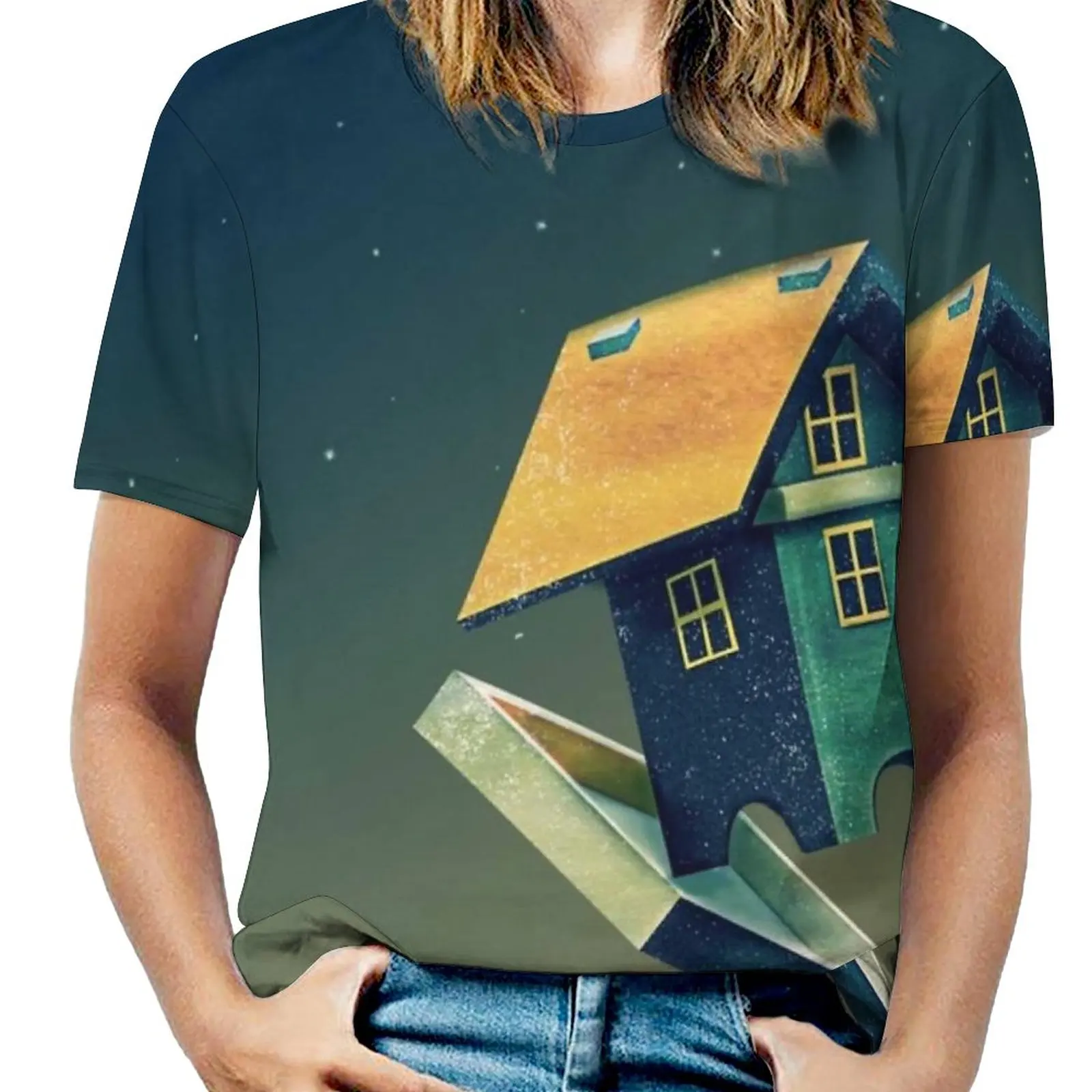 Flying Bird...House Woman'S T-Shirt Spring And Summer Printed T Shirts Crew Neck Pullover Top Birdhouse Flying Funny Vector