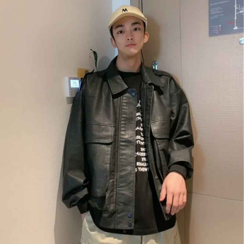 

Осень-зима, утепленное флисовое пальто для молодых студентов, модное новое мужское кожаное пальто в корейском стиле, повседневная кожаная куртка большого размера