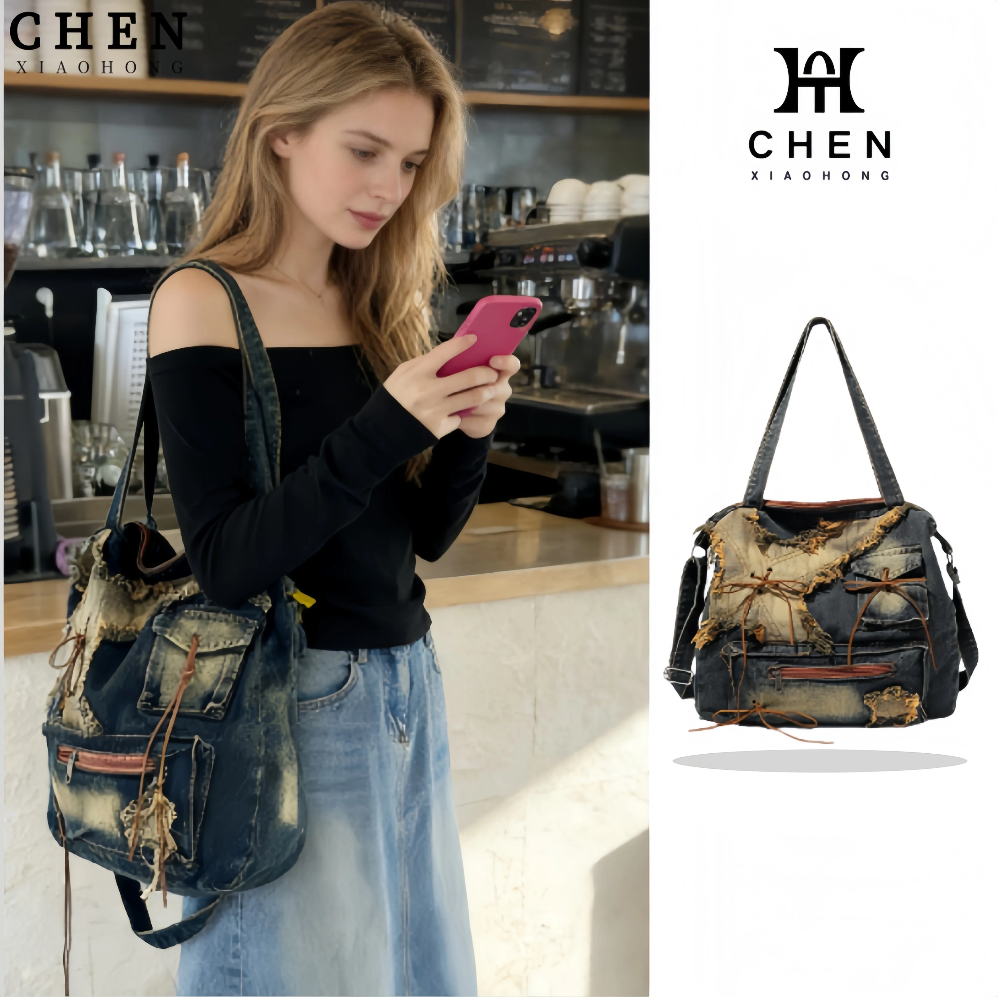 

2026 Spring Retro Distressed Vintage Denim Fabric Backpack Crossbody Bag Women's Tassel Pendant Decor Daily Casual Streetwear Ba