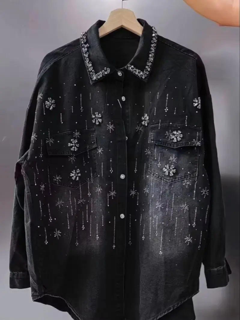 Chaqueta vaquera Y2K de alta gama con brillo para mujer, estilo casual holgado, camisa de moda, nueva tendencia, tops de manga larga, abrigo vaquero, chaqueta.