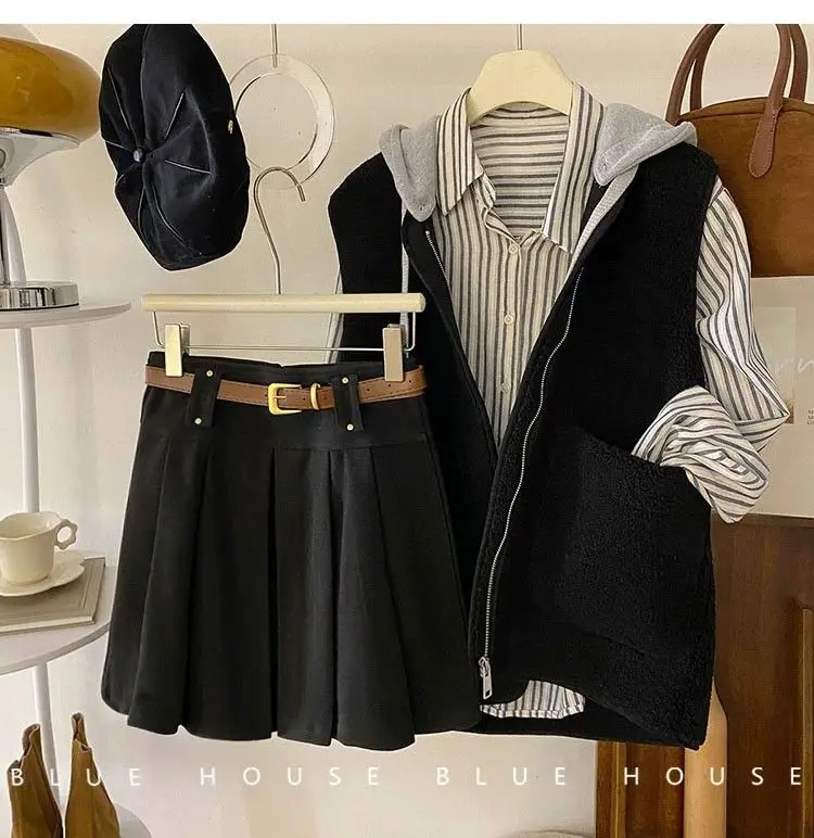 Retro Wełniana Spódnica Damska Modna Casualowa Uniwersalna Z Wysokim Stanem Rozkloszowana Plisowana dla Seksownych Kobiet