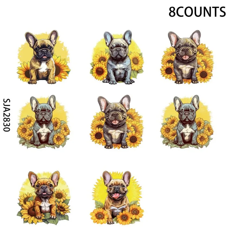 8pcs French Bulldog Sunflower UV DTF Stickers, Waterproof Sticker Pack for Decorating Mugs, DIY Art Supplies，Home Decoration