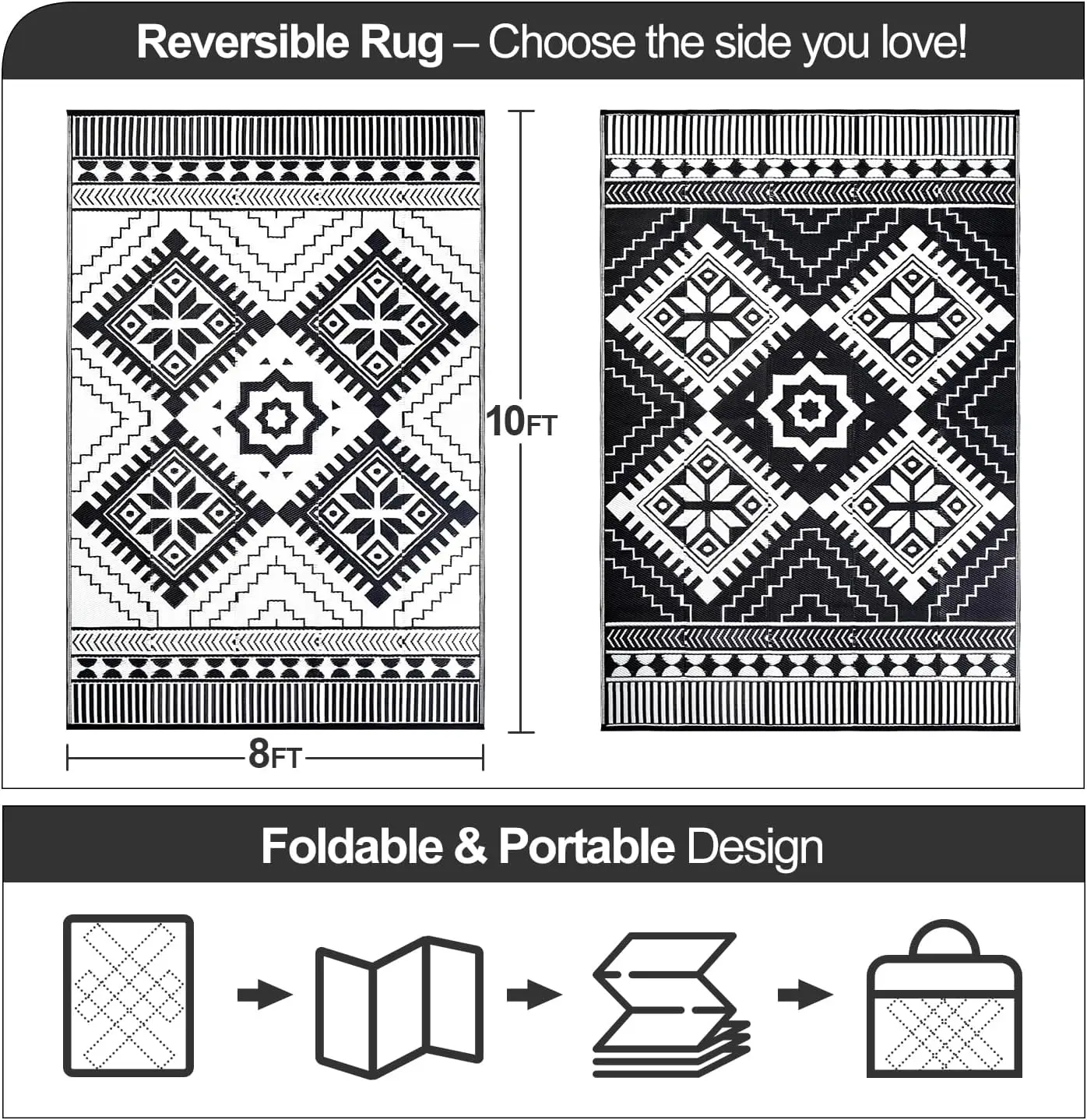 Waterproof Outdoor Rug 8x10ft, Boho Reversible Plastic Straw Mat for Patio RV Deck Porch Backyard Balcony Camping Picnic Beach I