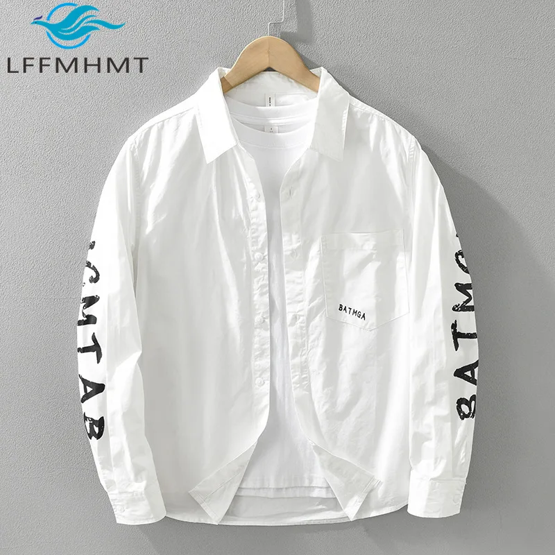 

7383 Japan Style Trendy Long-sleeved Shirt for Men Creative Letter Print Casual Versatile Loose Blouse Men's Daily Clothing