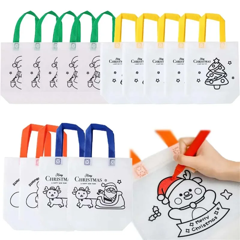 10-40PCS Kids Christmas DIY Graffiti Coloring Bags Non Woven Gift Pouch Arts Crafts Color Filling Drawing Painting Project