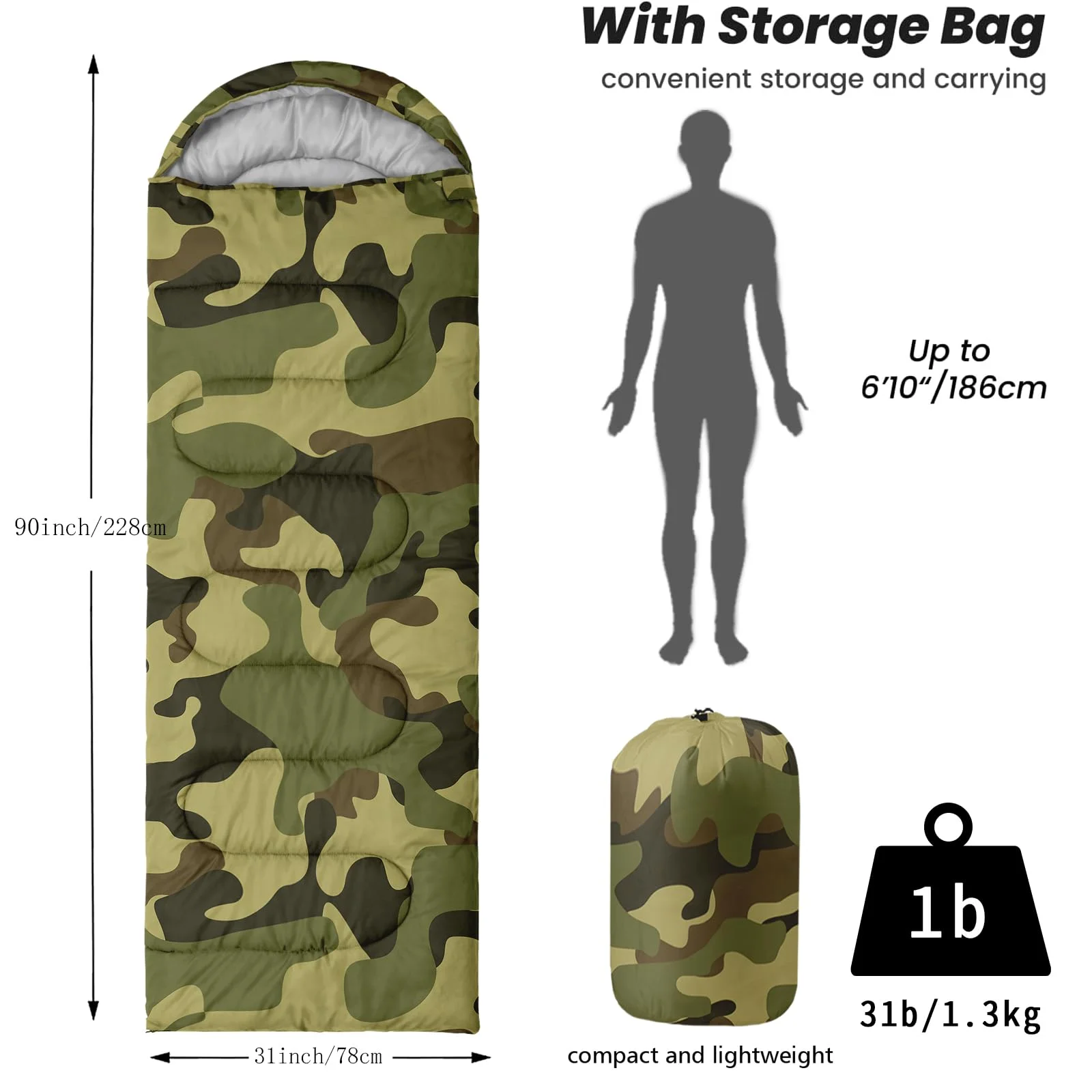 ！@Waterproof Double Width Three Seasons Polyester Hooded Sleeping Bag Warm Envelope for Family Camping with Child Length