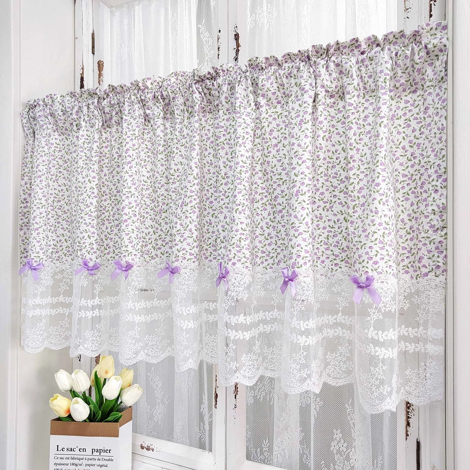 

Korean Purple Floral with Bow Lace Curtains for Kitchen Rustic Small Window Curtains Rod Pocket Lace Coffee Short Curtains