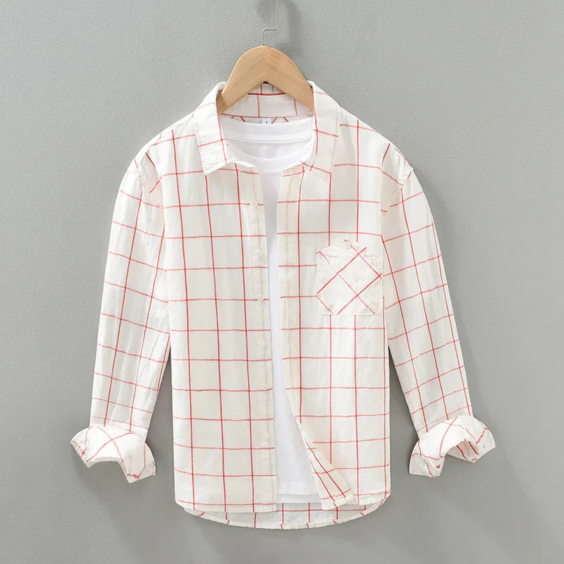 Little Fresh Plaid Cotton Linen Shirt for Men Spring New Japanese Vintage Trend Linen Shirt Trend Casual Long Sleeve