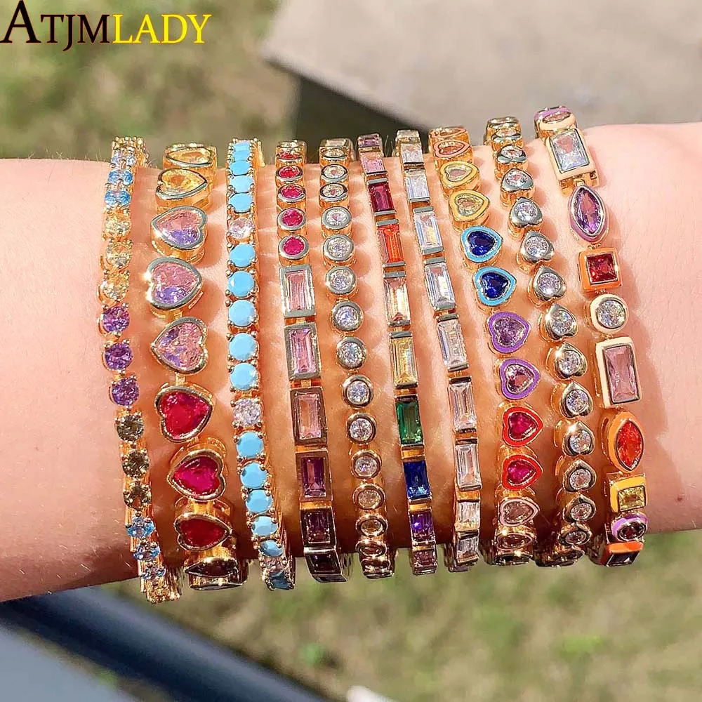 2025 New Fashion Gold Color Colorful Rainbow Bracelet 5A Cubic Zirconia CZ Enamel Geometric Tennis Chain Bangle Women Jewelry