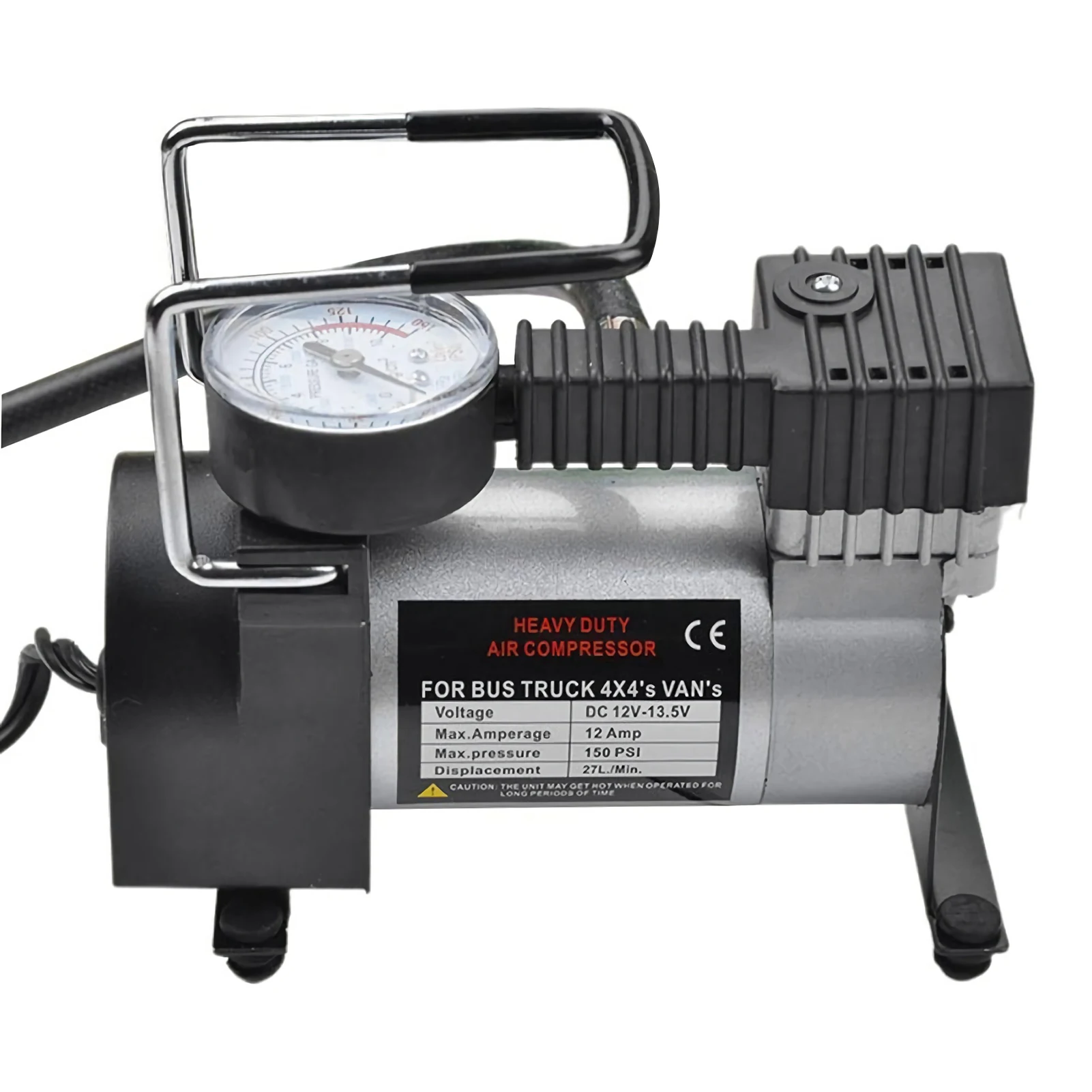 Electric Air Compressor Tire Inflator DC 12V 150 PSI 27L/Min Zinc Alloy + Plastic Black Portable Air Pump with Pressure Gauge