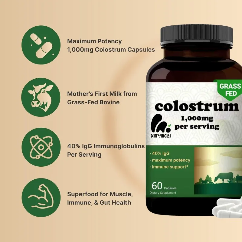 Cow colostrum capsules 40% IgG colostrum powder, used  intestinal, abdominal distension, skin, hair, and immune health support