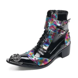 Designer Night Club Male Dress Shoes Social Buckle Pointed Toe Short Boots Plus Size Lace Up Fashion Men Motorcycle Ankle Boots