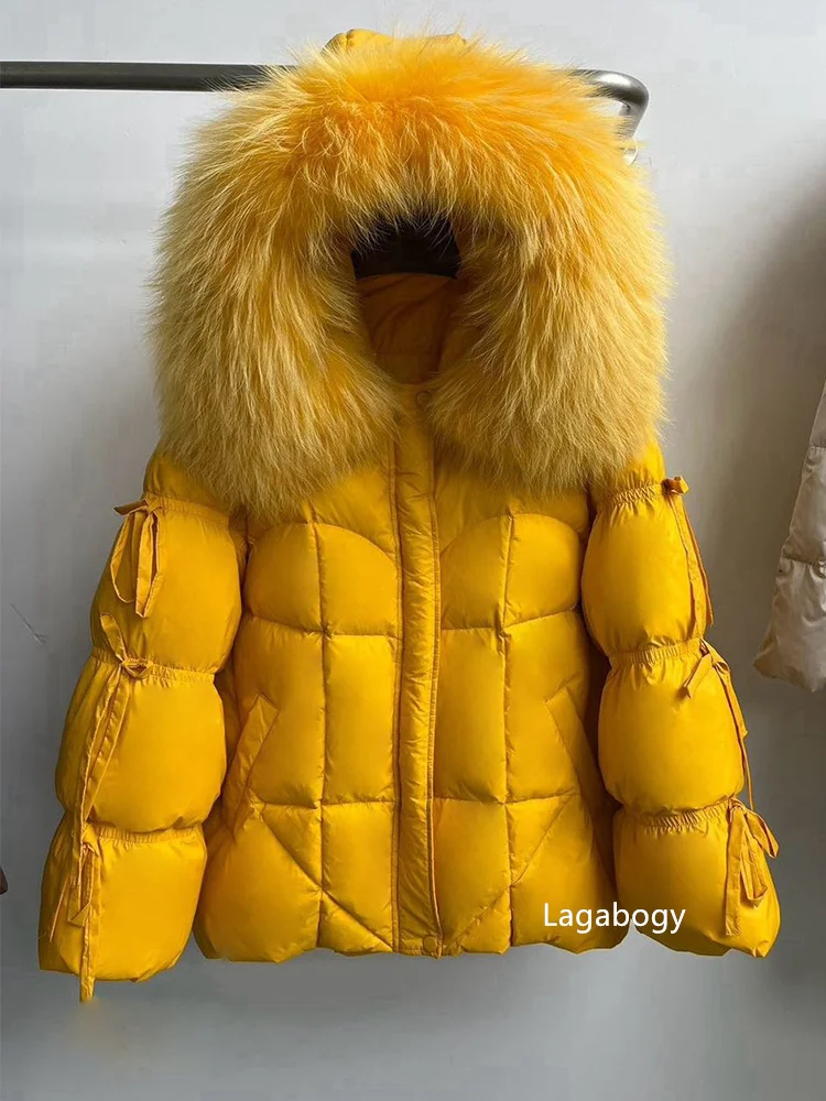 Lagabogy 2026 Big Natural Fox Fur Puffer Jacket New Winter Clothes Women Thick Warm White Duck Down Coat Female Real Fur Parker