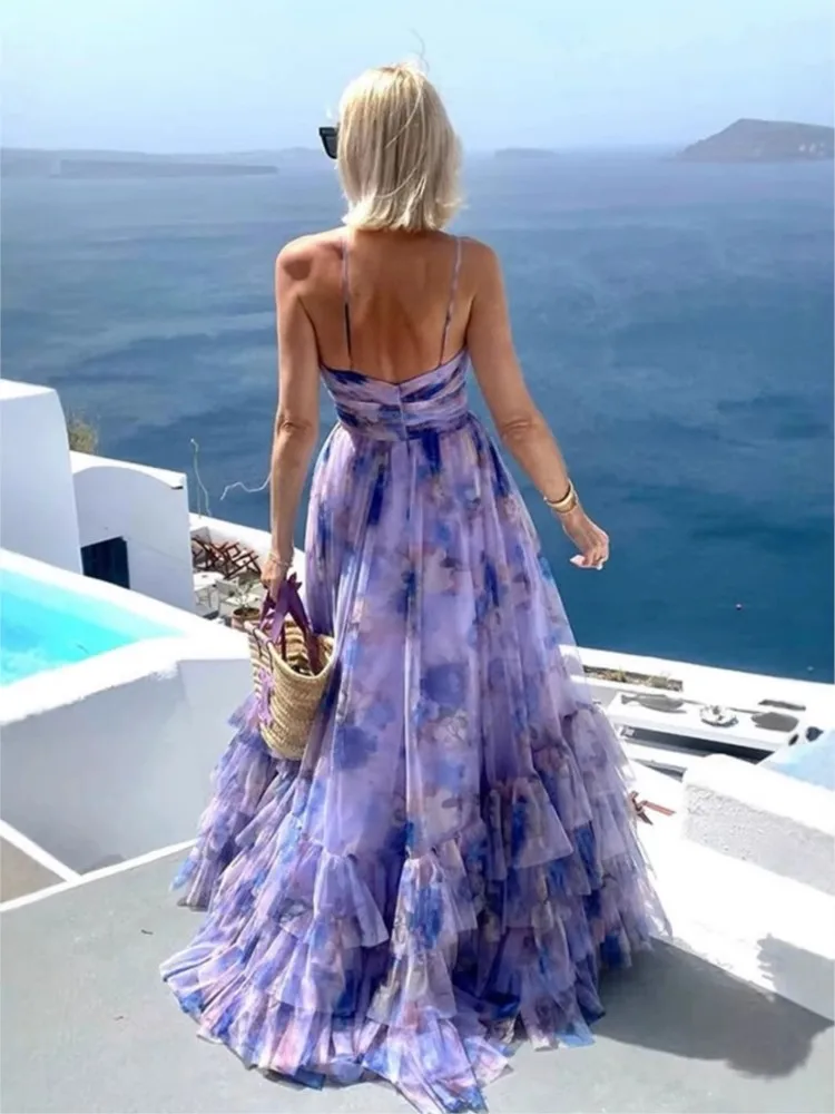 Layered Mesh Printed Dresses Women's Evening Party Dress Halter Neck Off Shoulder High Waist Holiday Banquet Long Vestidos New