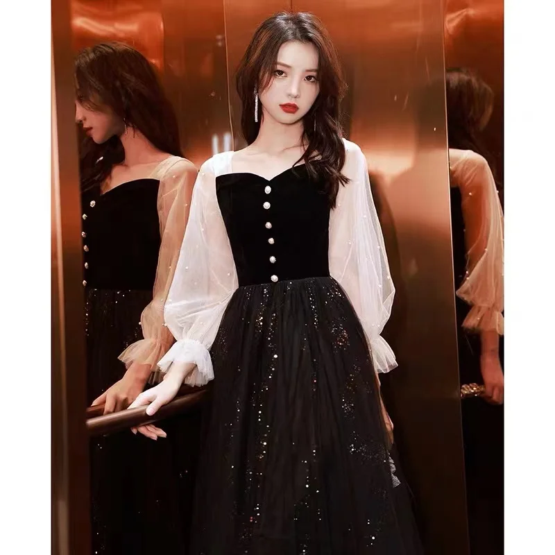 

Vintage Patchwork Pleated Evening Dress Square Collar A-Line Full Sleeve Pearl Button Empire Sequin Tulle Women Formal Prom Gown