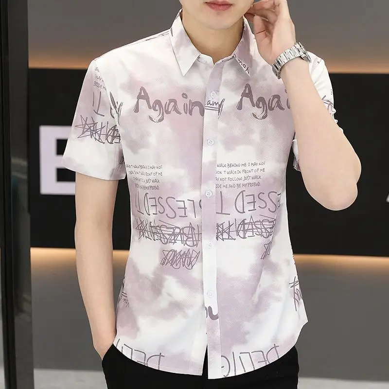 2025 Summer Short-sleeved Shirt for Men Thin Korean Style Cardigan Casual Free Iron Silk Top