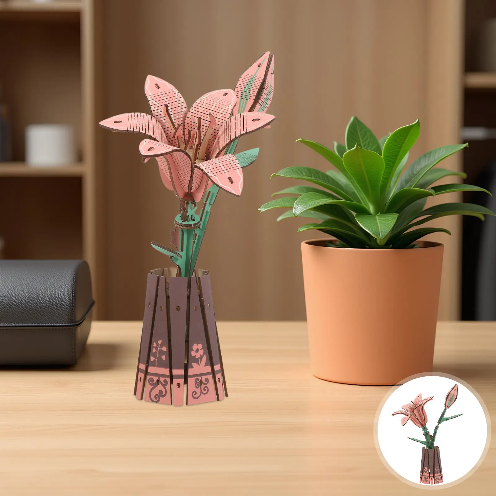 

1Set Wooden Flower Puzzle 3D Lily Bonsai Desktop Decor DIY Assembly Kit Hand-Assembled Wood Craft Floral Arrangement Gift