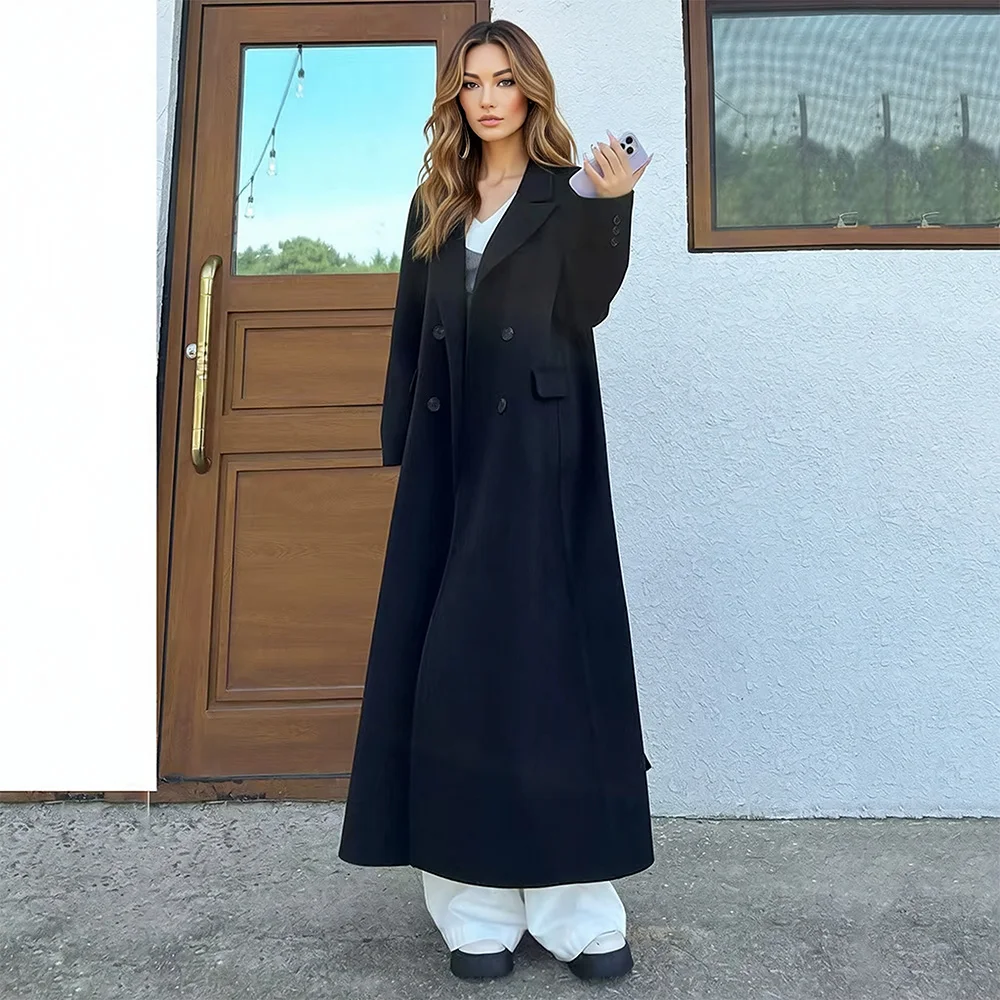 New Women Black Double-Faced Wool Coat Spring Autumn Fashion Suit Collar Double Breasted Loose Long Casual Daily Woolen Coat
