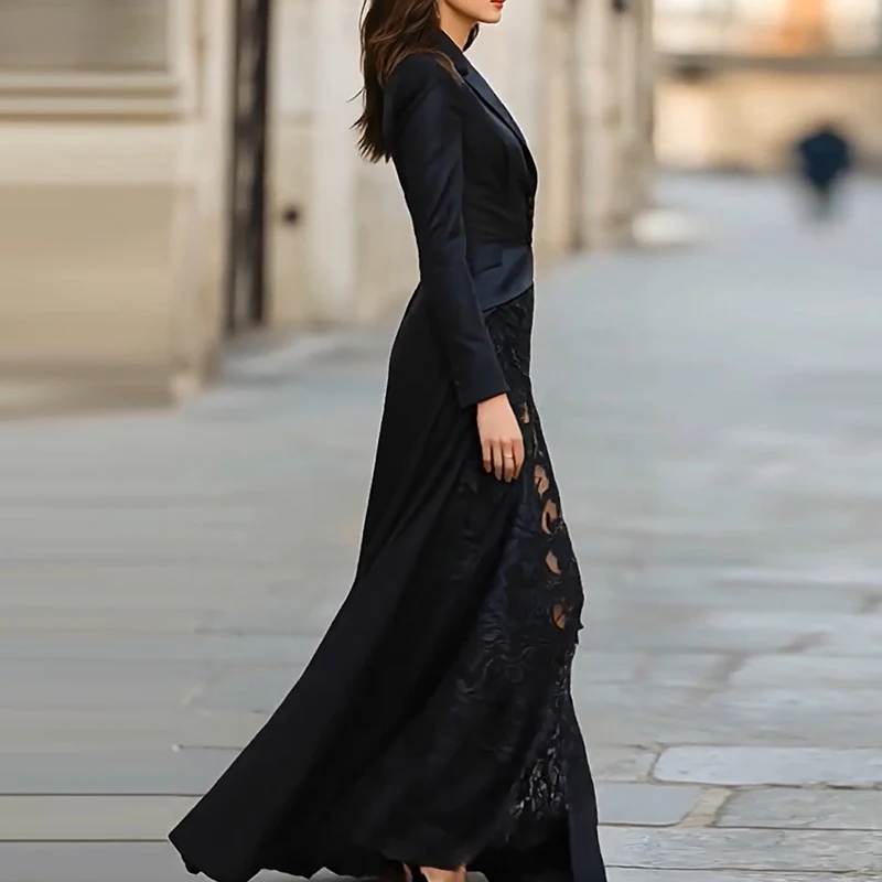 

Женский топ и юбка на пуговицах с лацканами, осенний комплект из двух предметов, кружевной лоскутный облегающий костюм для вечеринки, элегантный однотонный наряд для торжественных случаев