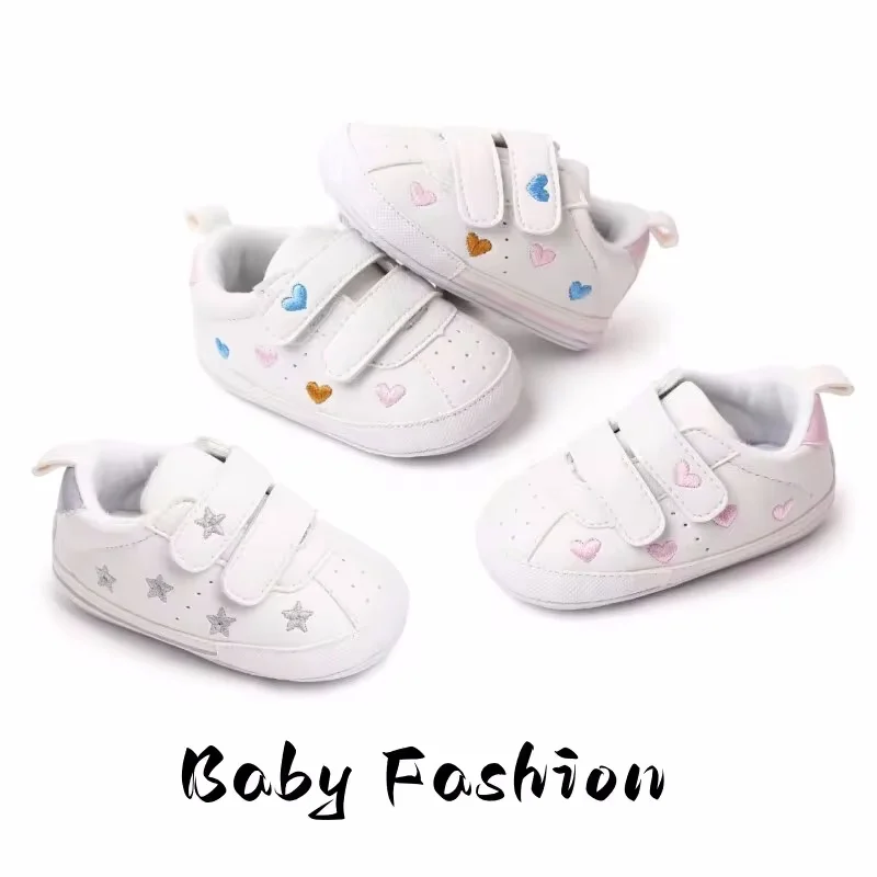 White Baby Shoes Boy Girl Heart Embroidery Sneakers Non-slip Infant Toddler Sports First Walkers