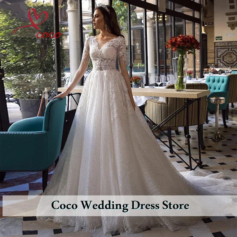 Customized Exquisite Lace Wedding Dresses Applique Long Sleeve Shining Dress Cathedral Train Bridal Gown Vestido De Noiva