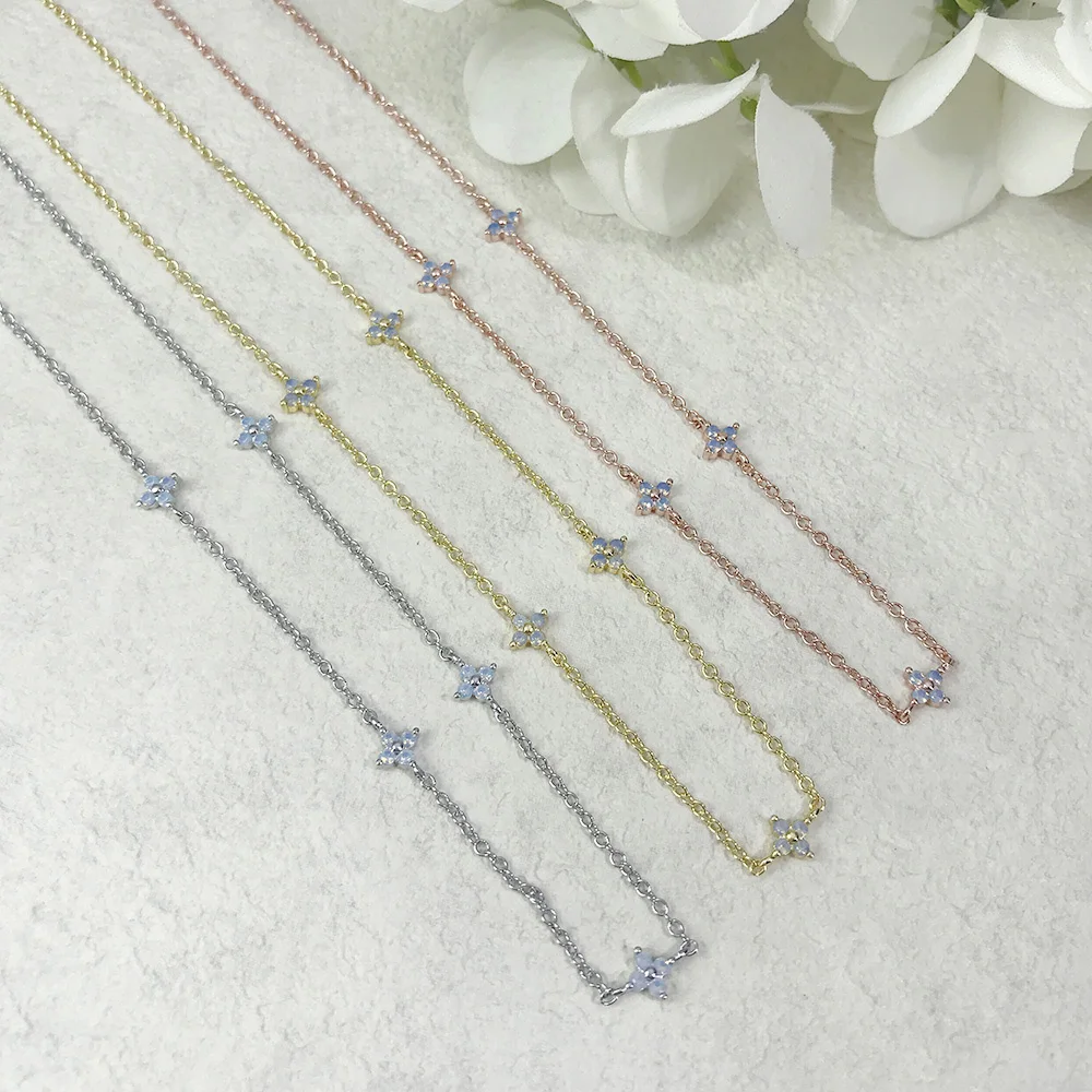 New Design Leaves Flower Necklace For Women Charm Blue Crystal Four Clover Choker Chain Luxury Jewelry Gift Wholesale KDN005