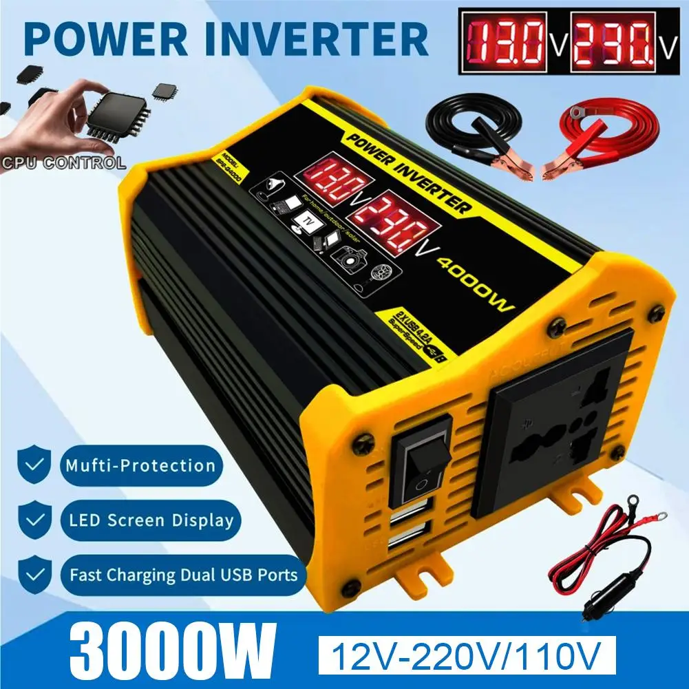 듀얼 USB 자동차 전압 변압기, 12V ~ AC 110 V, 220V, 3000W 자동차 인버터, 수정 사인파 자동차 충전기 컨버터, 태블릿 RV용