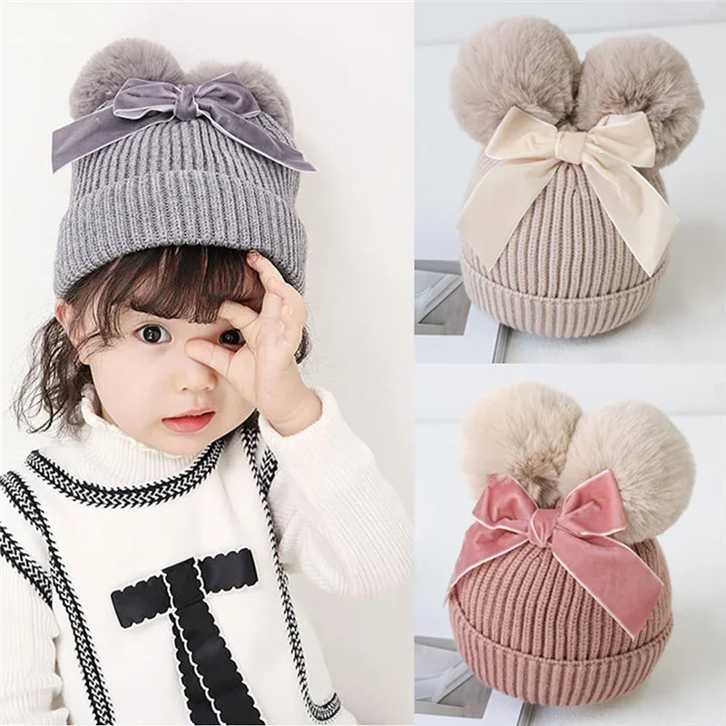 Baby Girls Bobble Hat Cute Bow Knitted Beanie Cap Double Pompom Hat Toddler Kids Children Thicken Winter Warm Bonnet 6-36M