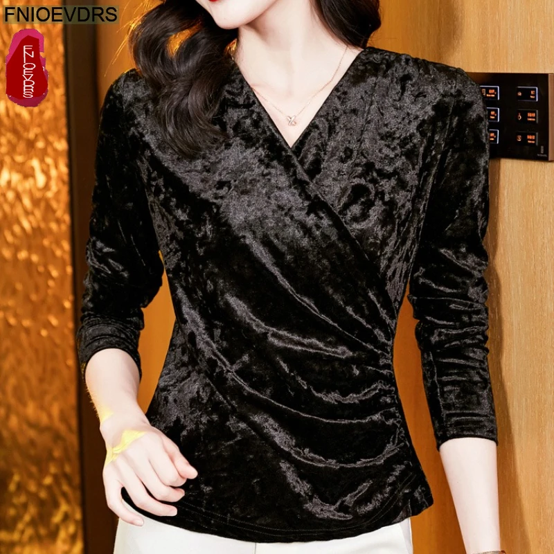 Zwart Paars Fluwelen Tops Blouses Nieuwe Mode Vrouw Herfst Lange Mouw Elegant Office Lady V-hals Effen Bling Gedrapeerde Basic Shirts