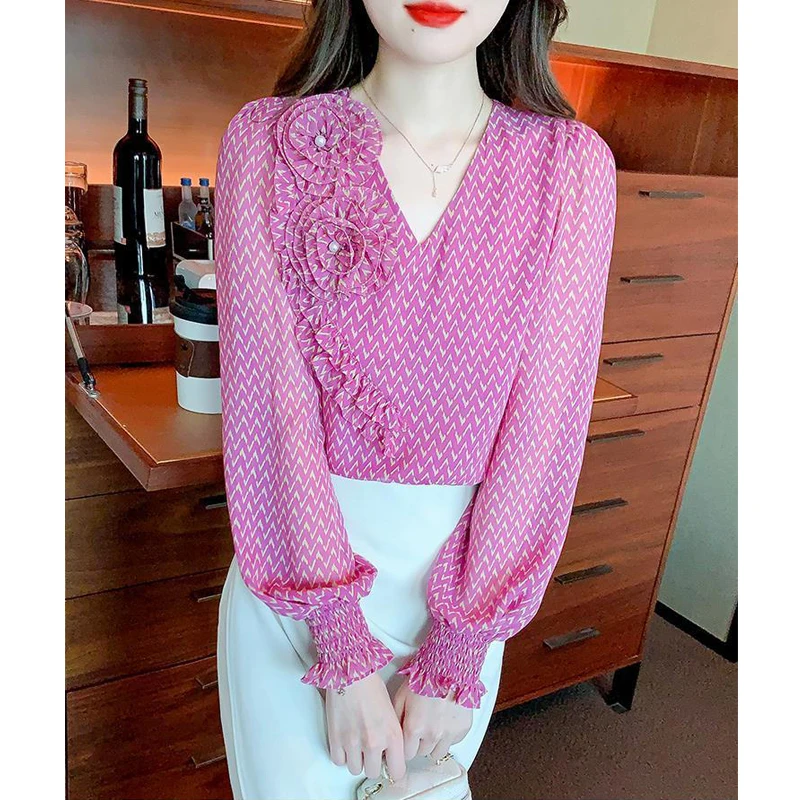 Spring Autumn Women Fashion Print 3D Flower Design Sweet Blouses Female V Neck Long Sleeve Chiffon Shirts Chic Elegant Slim Tops