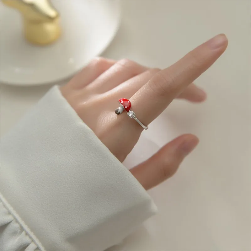 New Fashion And Creative Cute Red Dropping Small Mushroom 925 Sterling Silver Single Crystal Exquisite Opening Rings   R363