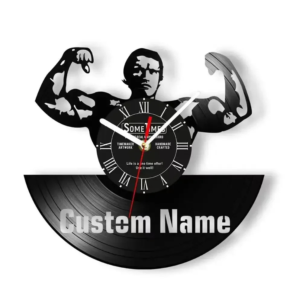 Bodybuilding Vinyl Record Wall Clock for GYM Fitness Room Workout Artwork Customizable Bodybuilder Name Carved Music Album Clock