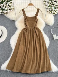 Foamlina Casual Women Corduroy Dress New Spring Autumn Spaghetti Strap Sleeveless Loose Waist A-line Midi Vintage Female Dress