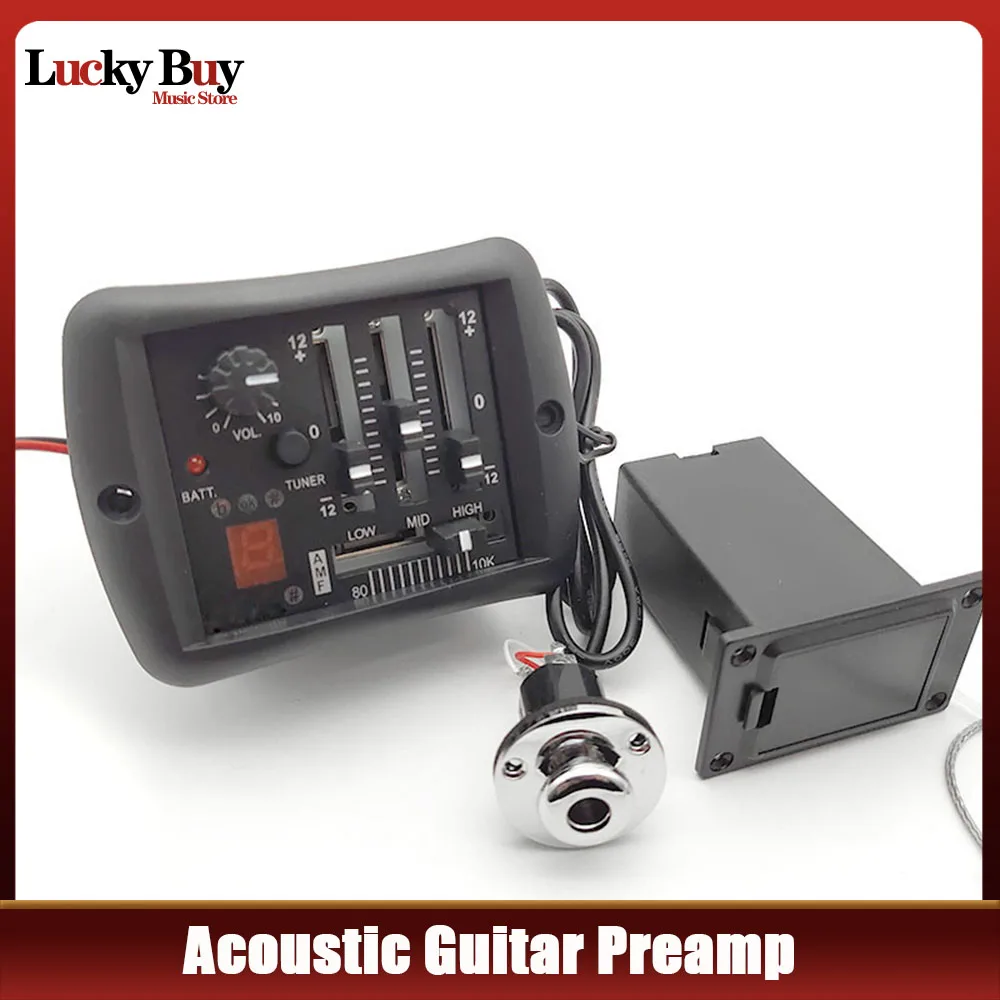 4-Bands EQ Equalizer Acoustic Guitar Preamp Piezo Pickup with Tuner System Brass Endpin Jack for Folk Guitarra