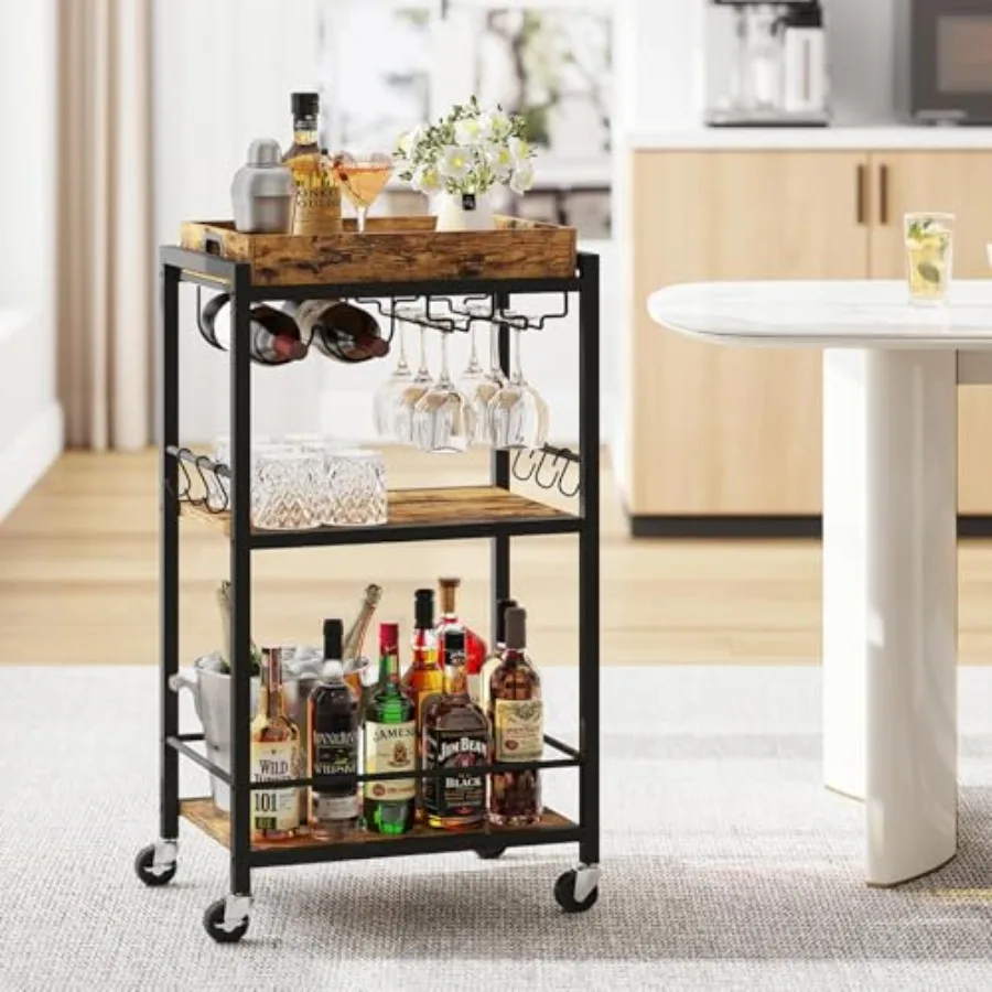 

Bar Cart with Removable Tray, Home Bar Serving Cart, Drink Cart, Mobile Kitchen Shelf with Wine Rack and Glass Holder, Rolling