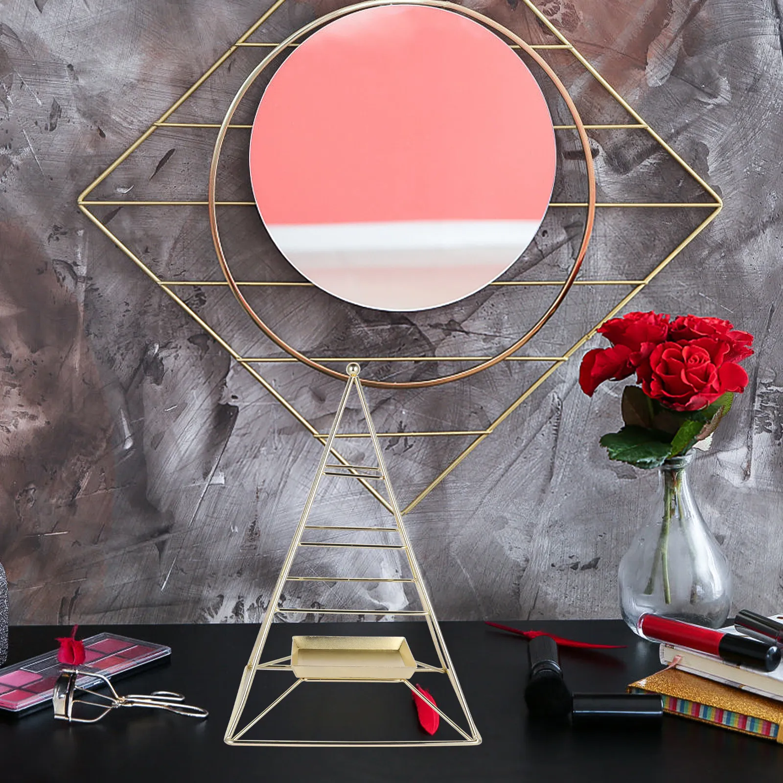 

1Pcs Beautiful Golden Jewelry Rack Three-Layer Iron Storage Stand for Earrings Necklaces Bracelets Elegant Home Display Unit