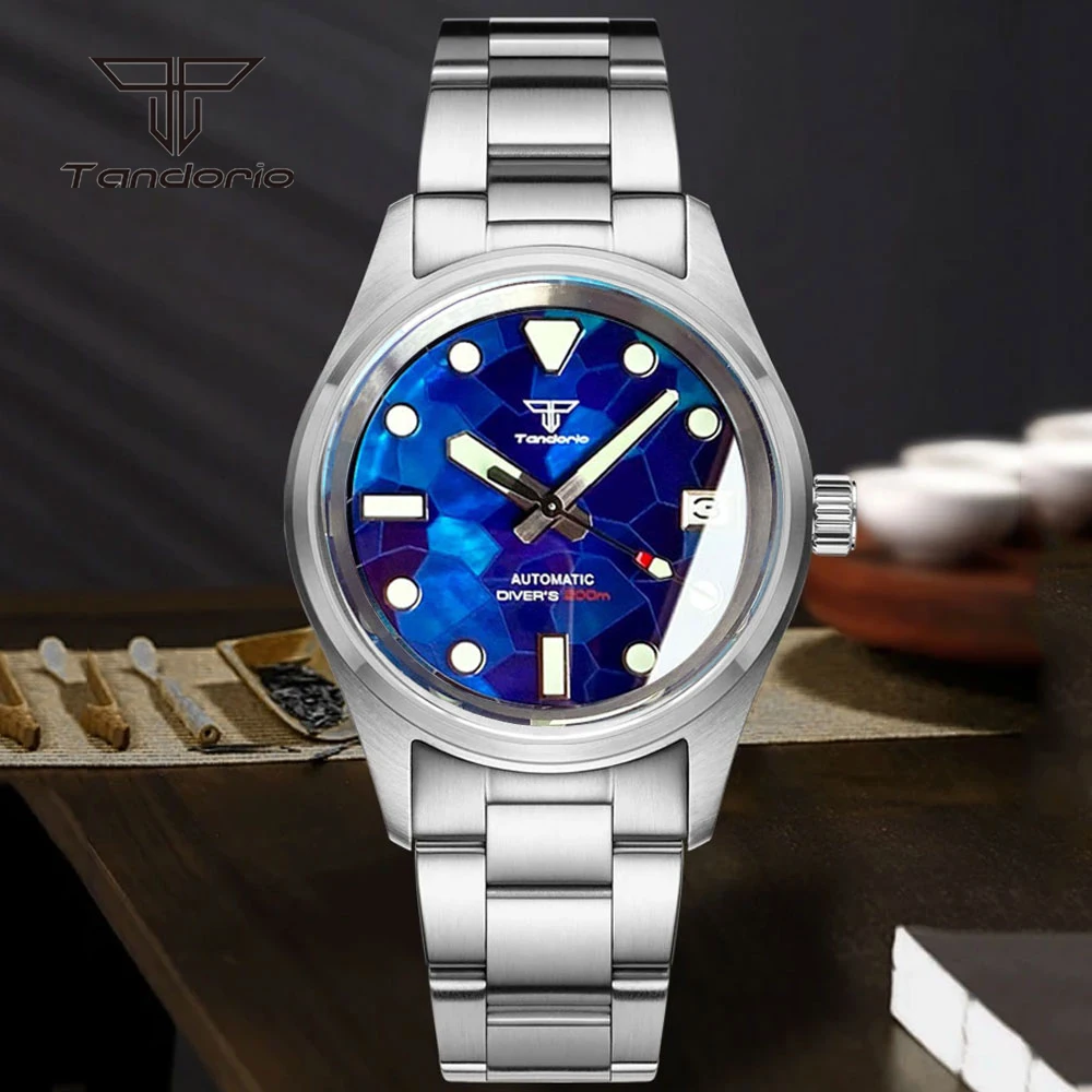 Tandorio Mother of Pearl Dial 36mm Pilot 20Bar Steel Automatic Watch for Men Lady Sapphire Crystal Date Luminous Wristwatch