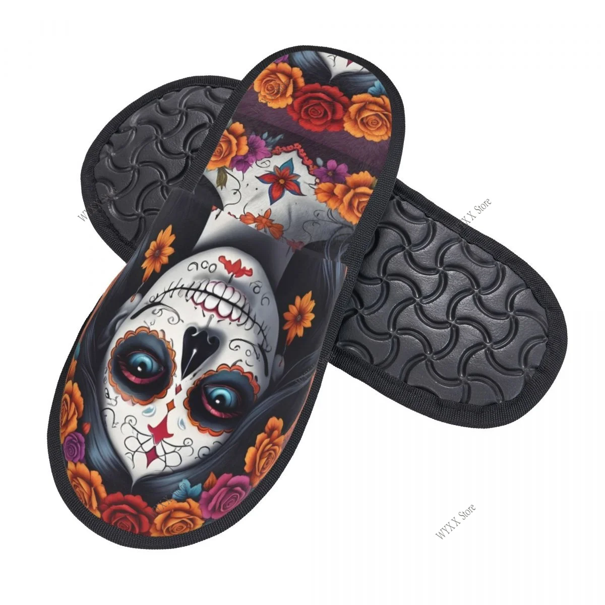 Woman With Skull Flowers Slipper For Women Men Fluffy Winter Warm Slippers Indoor Slippers