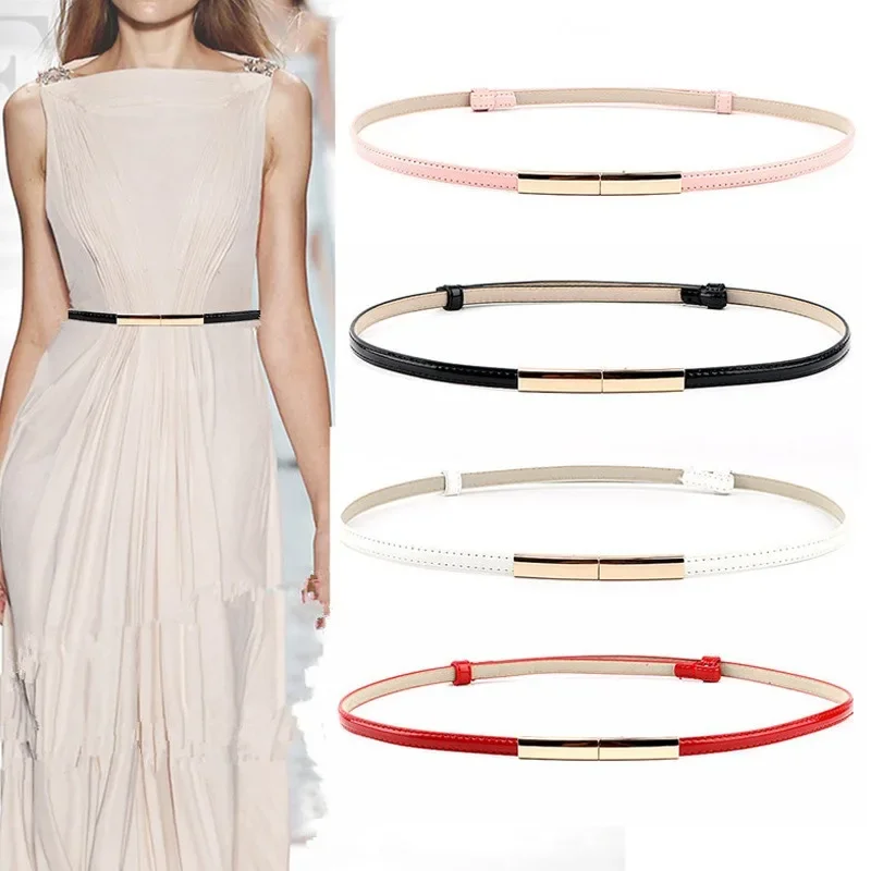 

European and American Fashion Waist Belt Women's Adjustable Dress Simple Mesh Red Glossy Lacquer Leather Waistband Thin Belt