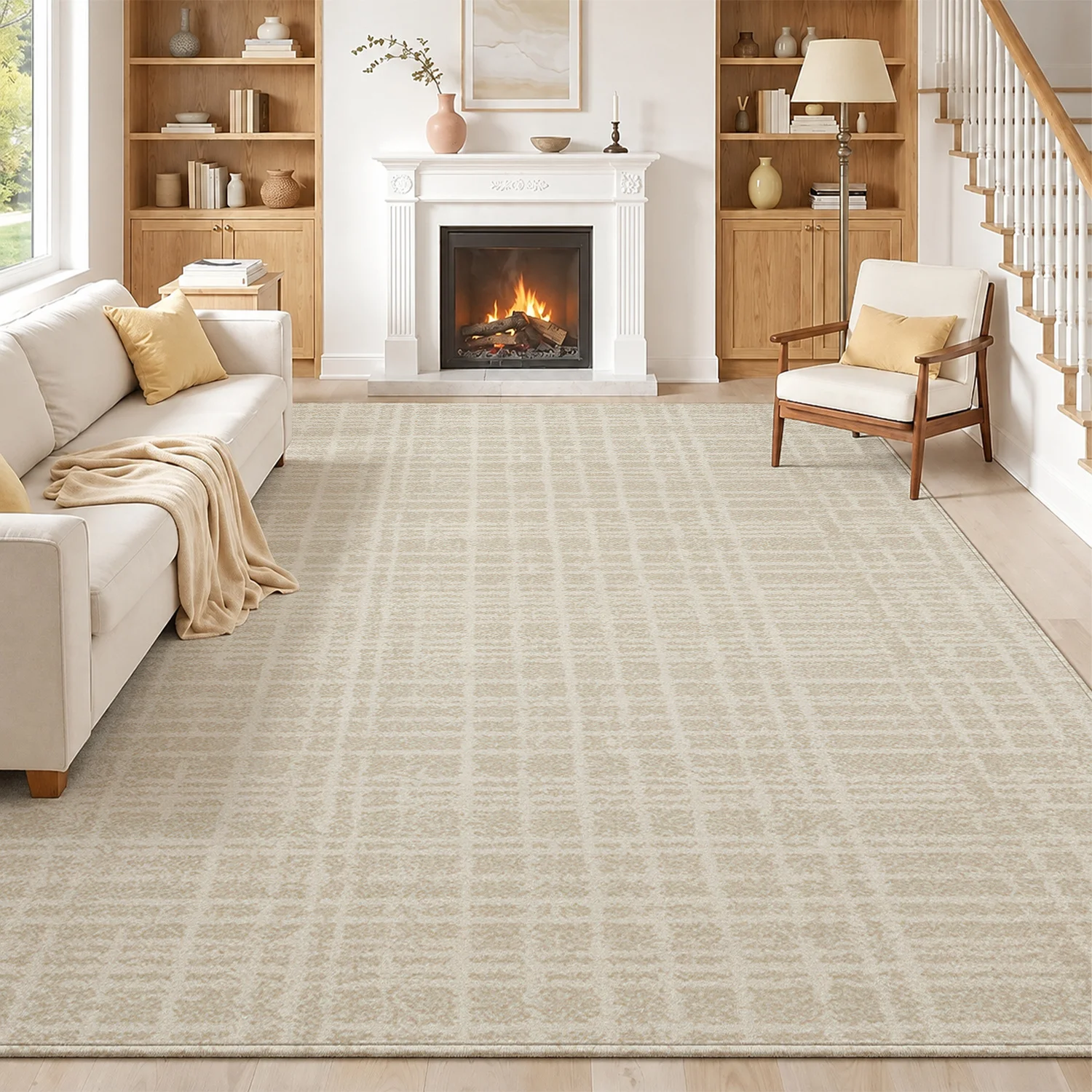 Large Indoor Area Rug, Soft Velvet Low Pile with Non-Slip Dotted Backing, Machine Washable Neutral Beige Subtle Striped Modern Floor Rug for Living Room Bedroom