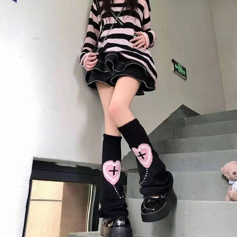 Retro Love Heart Bandage Bow Knitted Leg Warmers Y2k Gothic Punk Lolita Bow Harajuku Japanese JK Uniform Ribbon Leg Covers Socks